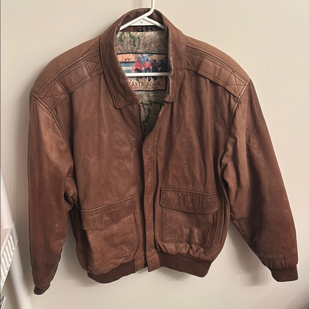 Vintage Atlantic Beach Leather Coat Works Brown Leather Bomber Jacket Sz Small